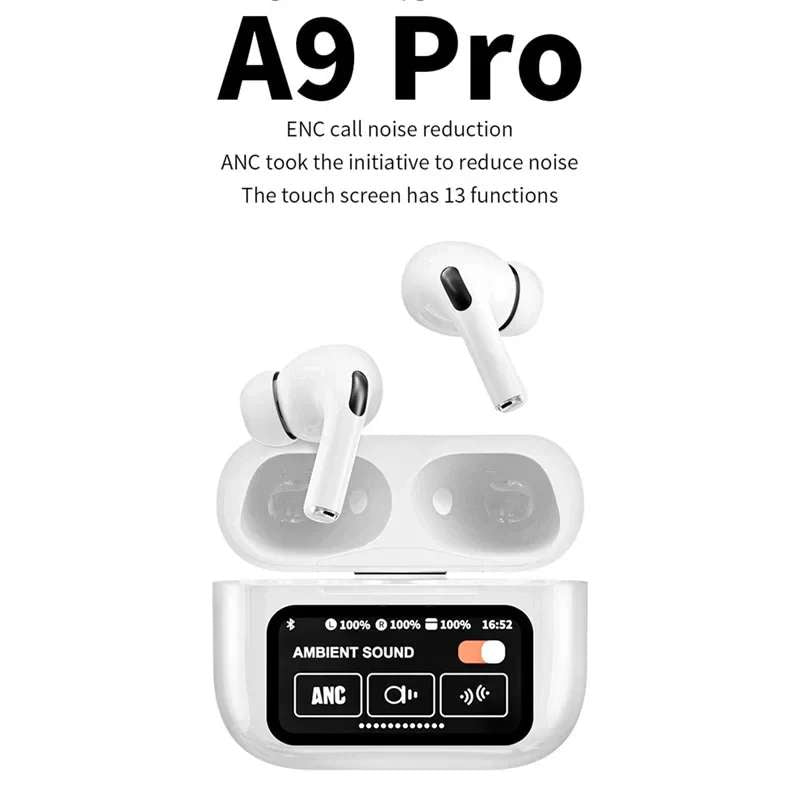 A9 Pro Earbuds ANC/ENC Touch Screen Display Noise Reduction Wireless Earbuds For Android & iOS | A9 Pro | A9 Pro Apple Airpods ANC/ENC Zhongkelqnxun Touch Control Bt 5.4 Earbuds - Black
